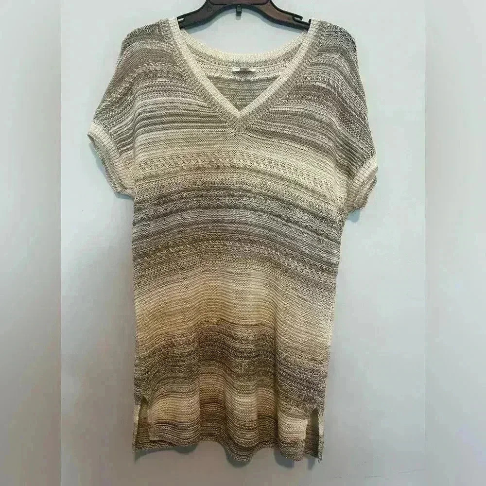J.Jill Textured Loose Knit V-neck Cream Multi Tunic Sweater Size M